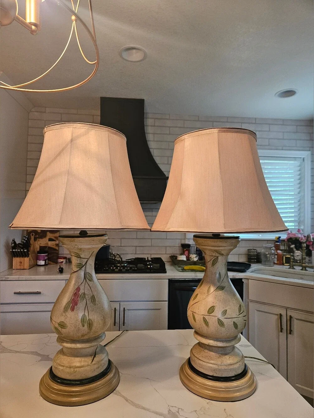 Pair Hand-Painted Wildwood Table Lamps with Beige Shade